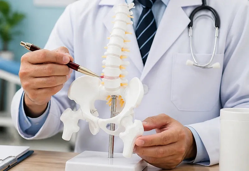 A doctor in a white coat uses a pen to point at the lower lumbar vertebrae on a plastic spine and pelvis model.