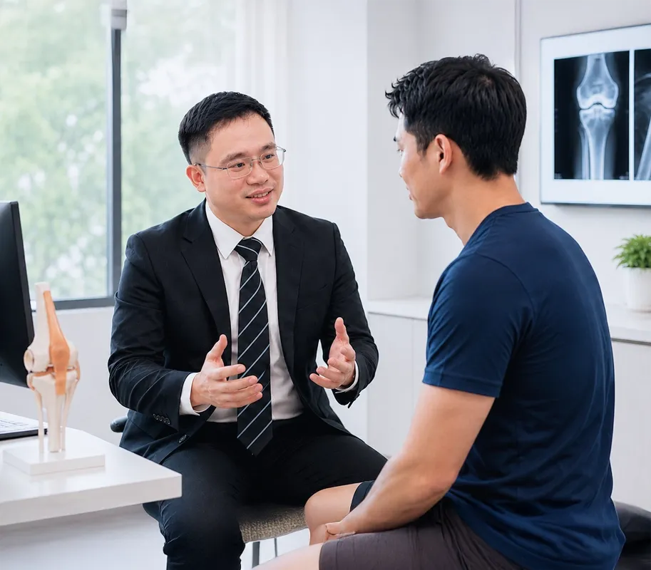 Dr Seng Chusheng explaining a knee condition and treatment options to a patient during an orthopaedic consultation in Singapore.