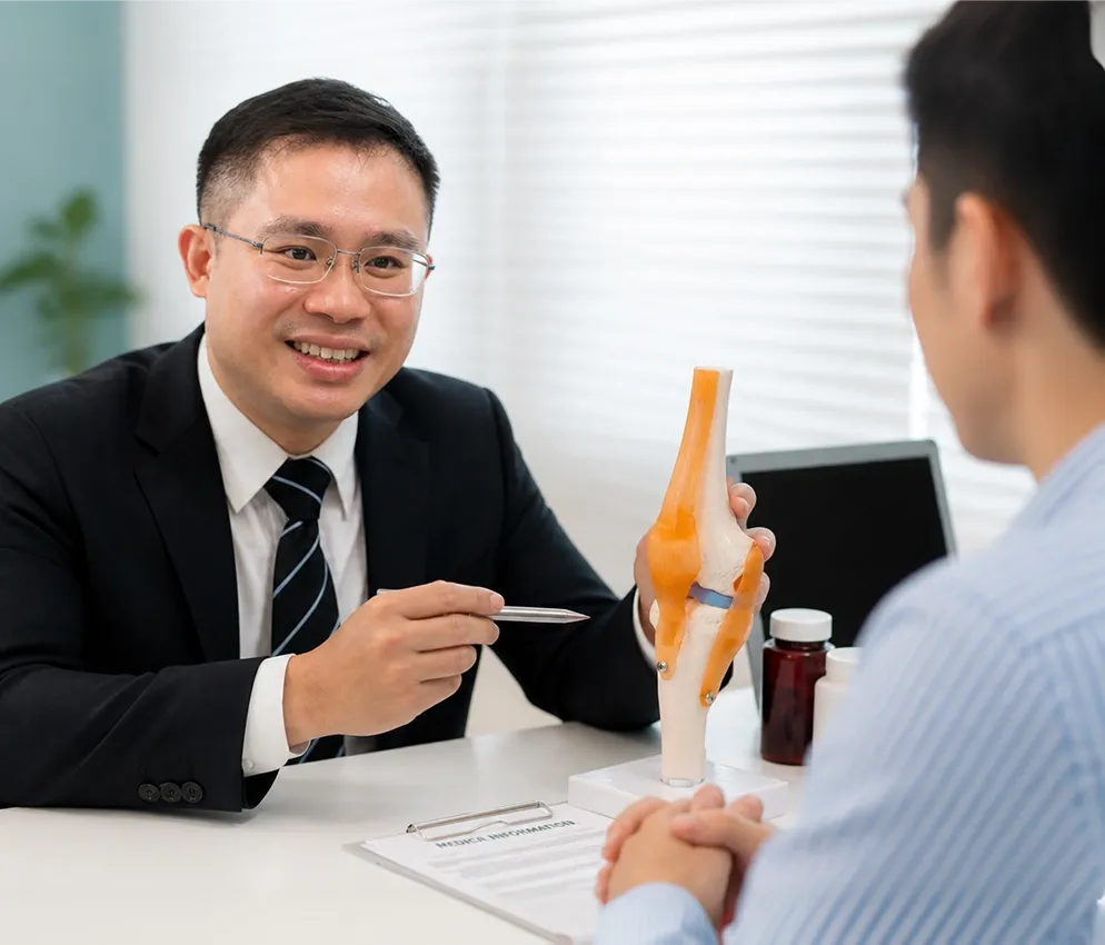 Dr Seng Chusheng explaining a knee joint model to a patient during an orthopaedic consultation.