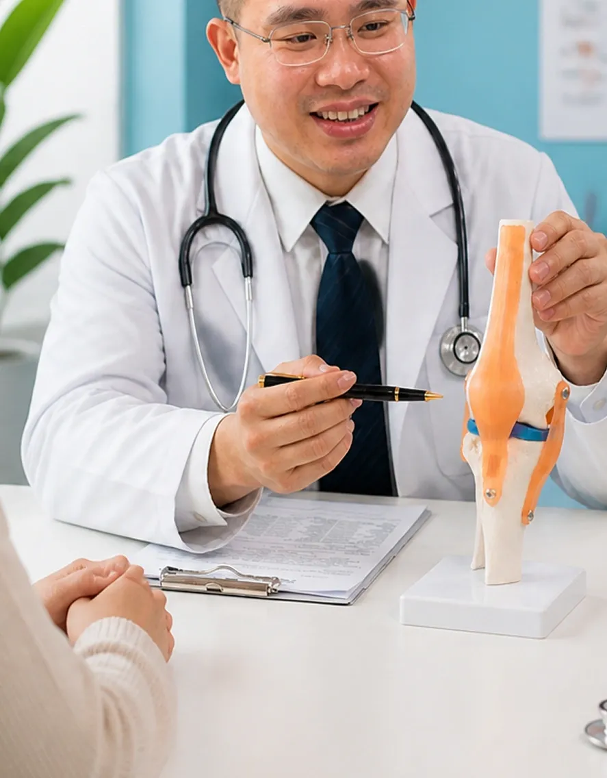 Dr Seng Chusheng, orthopaedic surgeon, explaining a knee joint model during a patient consultation.