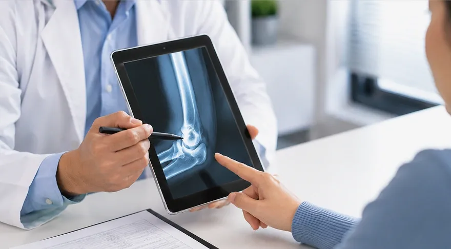 Doctor reviewing an elbow X-ray with a patient to diagnose elbow pain and discuss treatment options.