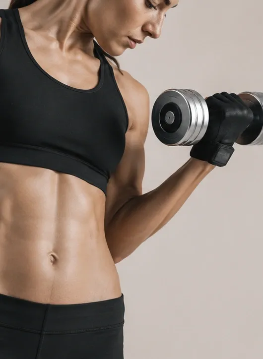 Athletic woman performing a dumbbell bicep curl workout to build arm strength and muscle definition.