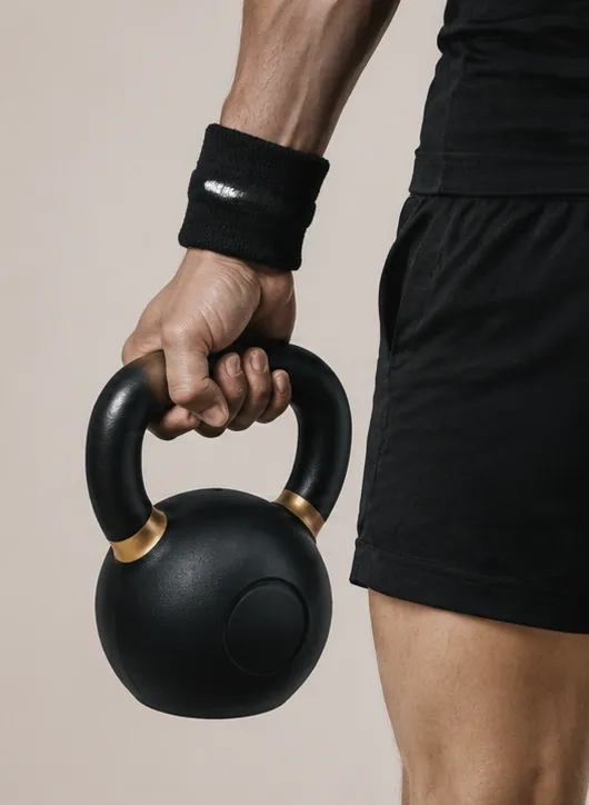Person holding a kettlebell during functional strength training and full-body fitness workout.