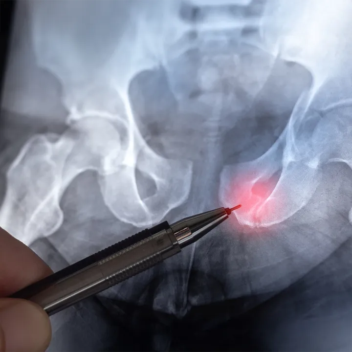 Hip X-ray highlighting the hip joint, illustrating the diagnosis of hip pain and orthopaedic conditions.