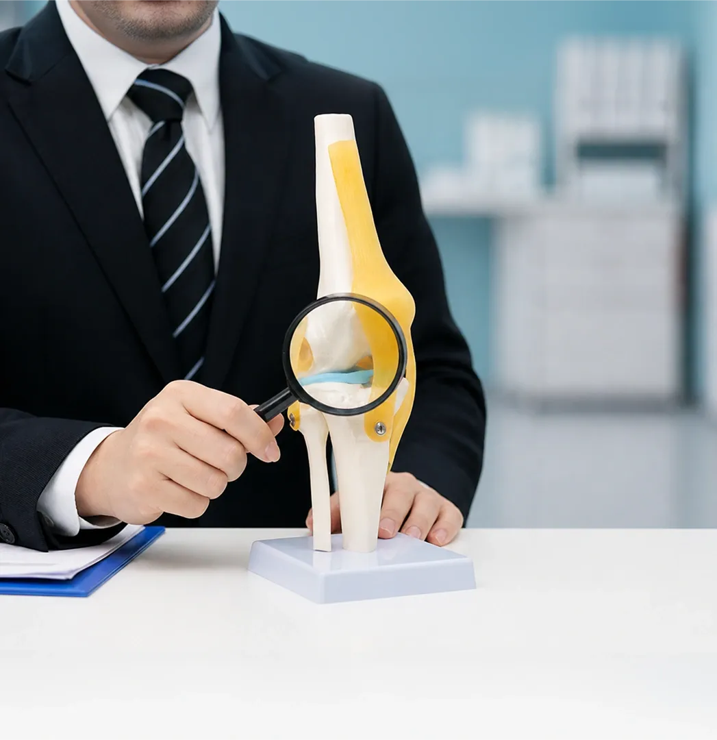 Orthopaedic specialist demonstrating a knee joint anatomy model during a patient consultation in Singapore.