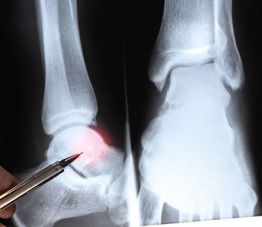 A metal pen points to an ankle joint X-ray film, with a red light graphic highlighting an injury or inflammation site.