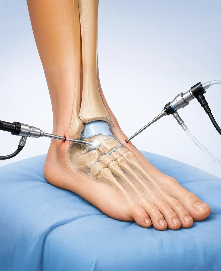 Medical illustration showing keyhole arthroscope instruments inserted into an ankle joint.