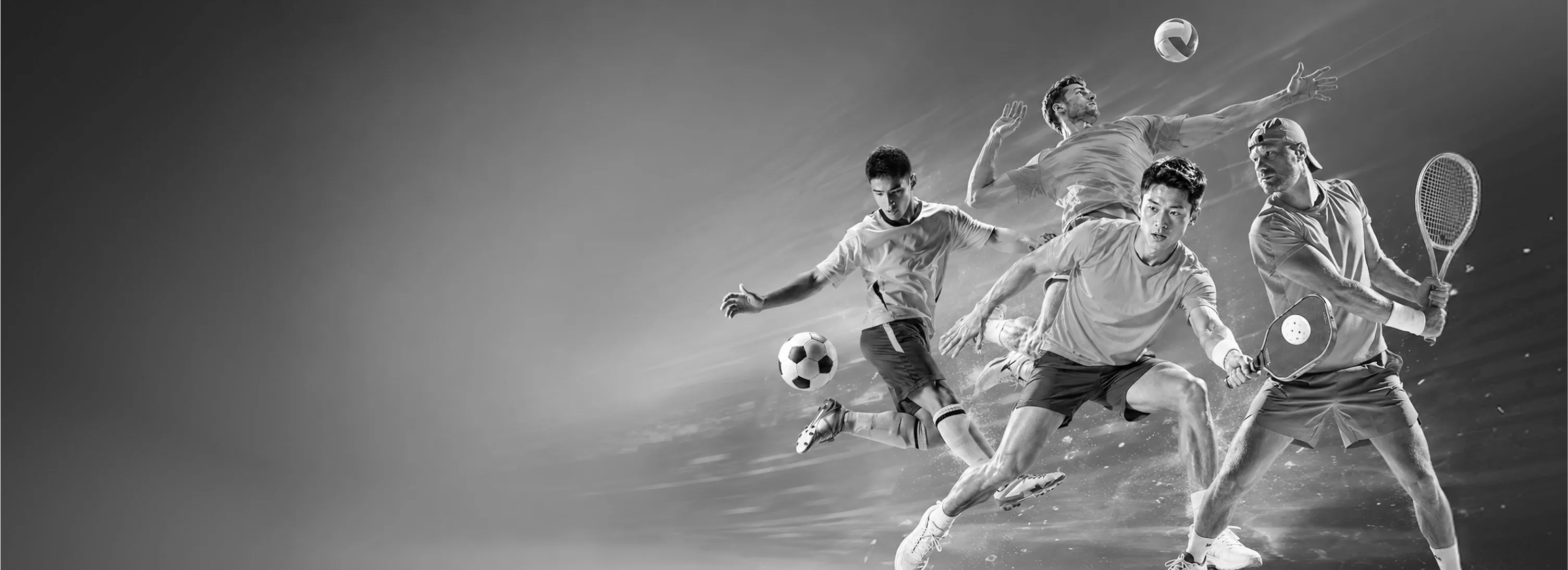 Athletes playing soccer, volleyball, pickleball, and tennis in action