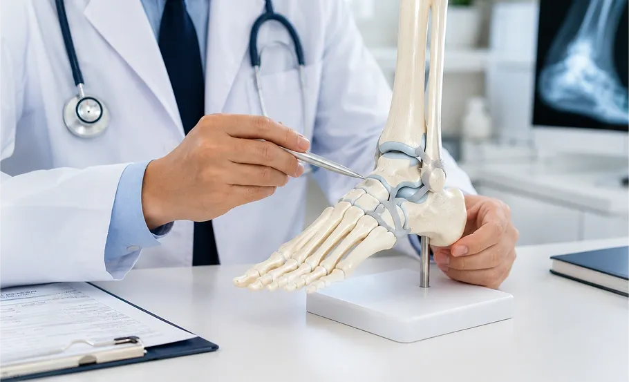 Orthopaedic surgeon explaining ankle joint anatomy using a foot and ankle anatomical model during a clinical consultation.