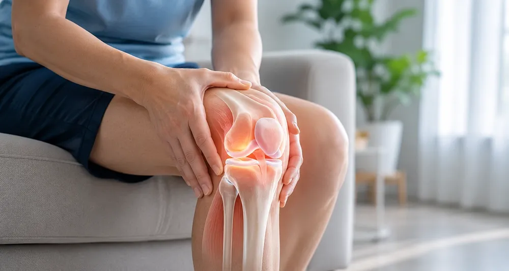 Person holding a painful knee with a medical illustration highlighting the knee joint, showing symptoms of knee pain or injury.
